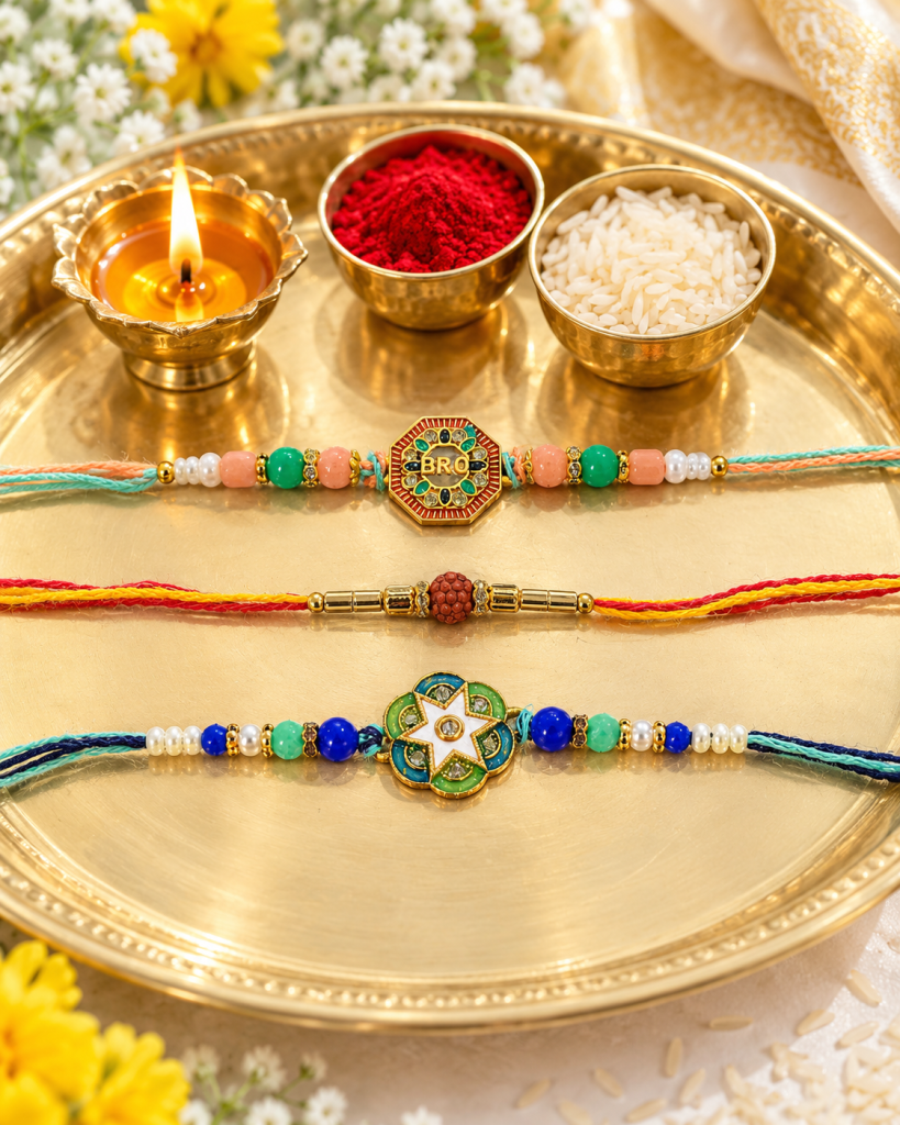 DivoRama Set of 3 BRO & Rudraksha Rakhi for Brother | Meenakari BRO, Floral Star & Rudraksha Rakhi | Designer Spiritual Rakhi for Bhaiya Bhai | Raksha Bandhan 2026 Thread Rakhi