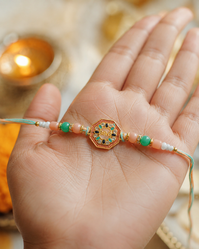 DivoRama Set of 3 BRO & Rudraksha Rakhi for Brother | Meenakari BRO, Floral Star & Rudraksha Rakhi | Designer Spiritual Rakhi for Bhaiya Bhai | Raksha Bandhan 2026 Thread Rakhi