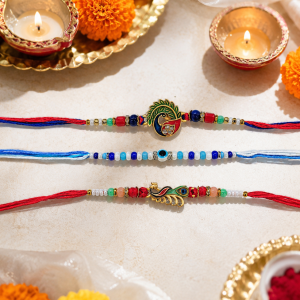 DivoRama Set of 3 Peacock Rakhi for Brother | Mor, Nazar Evil Eye & Peacock Feather Rakhi | Designer Rakhi for Bhaiya Bhai | Raksha Bandhan 2026 Thread Rakhi Combo