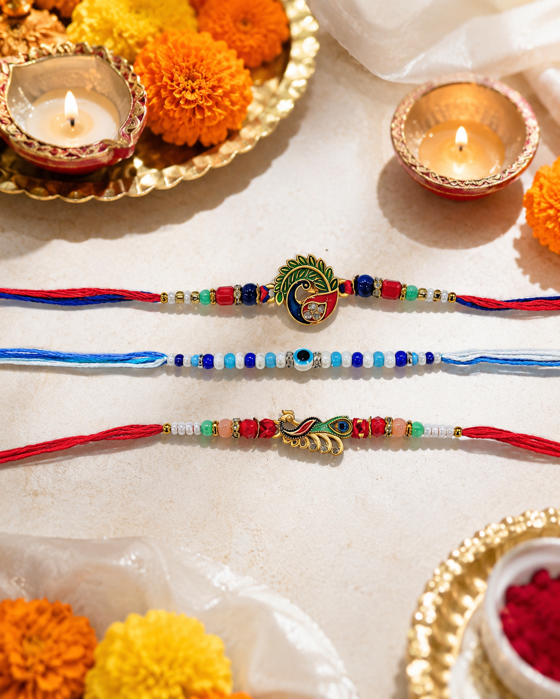 DivoRama Set of 3 Peacock Rakhi for Brother | Mor, Nazar Evil Eye & Peacock Feather Rakhi | Designer Rakhi for Bhaiya Bhai | Raksha Bandhan 2026 Thread Rakhi Combo