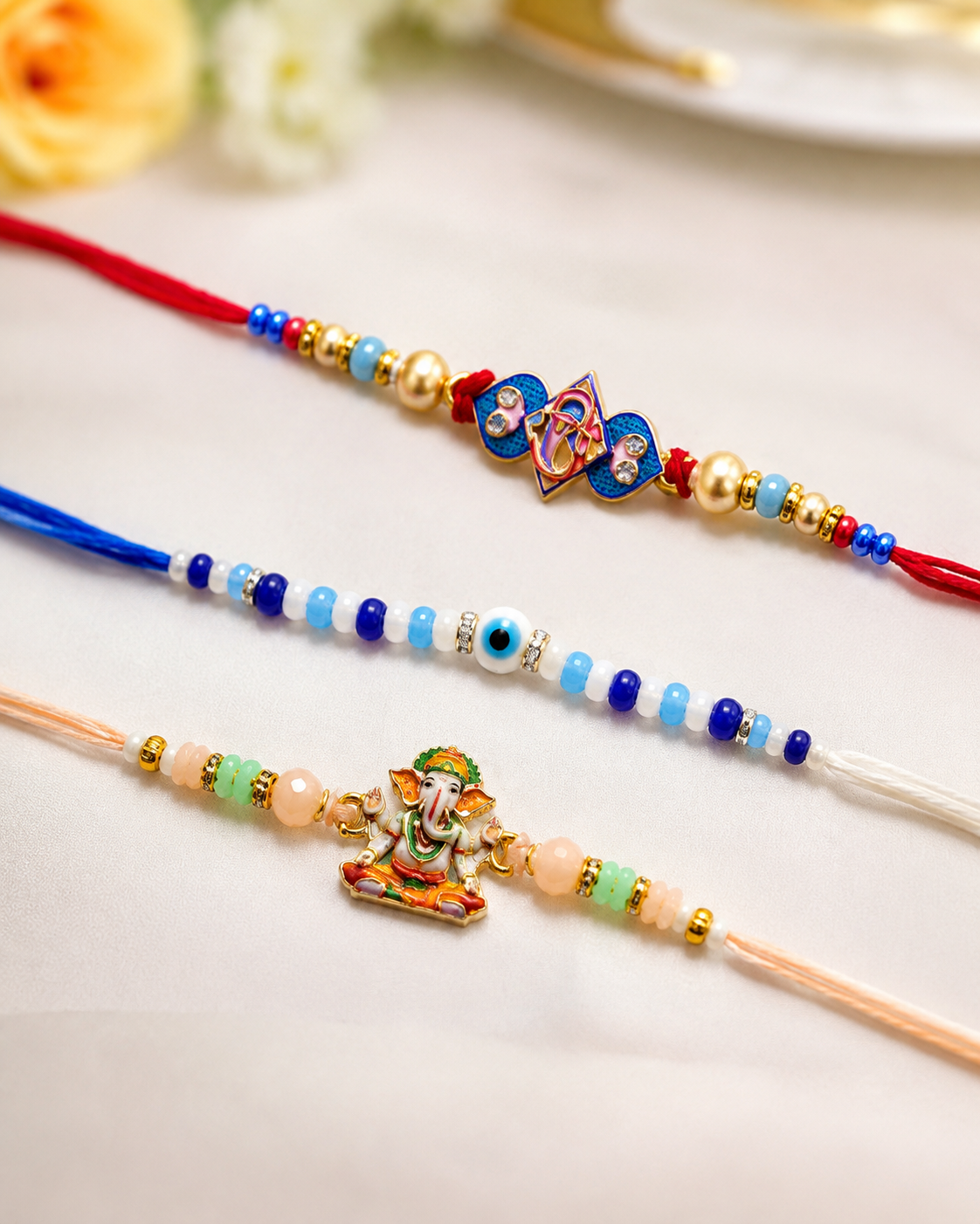 DivoRama Set of 3 Krishna & Ganesha Rakhi for Brother | Radha Krishna, Evil Eye & Ganesha Spiritual Rakhi | Designer Rakhi for Bhaiya Bhai | Raksha Bandhan 2026 Thread Rakhi