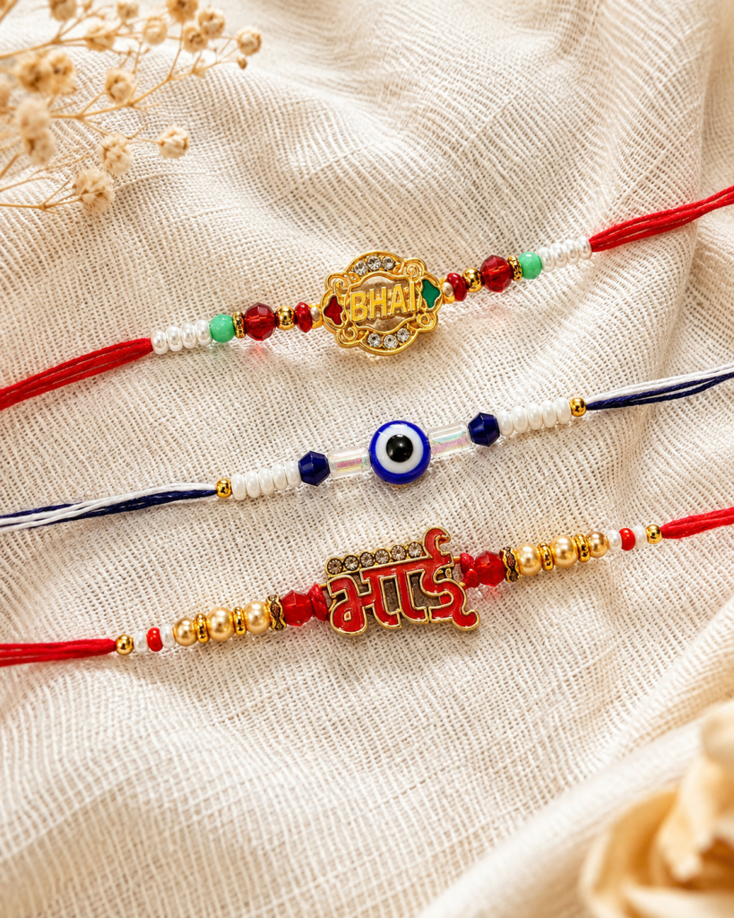 DivoRama Set of 3 Bhai Rakhi for Brother | English BHAI & Hindi Bhai Name Rakhi with Evil Eye Rakhi | Designer Rakhi for Bhaiya Bhai | Raksha Bandhan 2026 Thread Rakhi Combo
