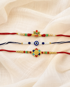 DivoRama Set of 3 Rakhis for Brother | Auspicious Kalash, Evil Eye & Floral Om Rakhi | Traditional Designer Rakhi for Bhaiya Bhai | Raksha Bandhan 2026 Thread Rakhi