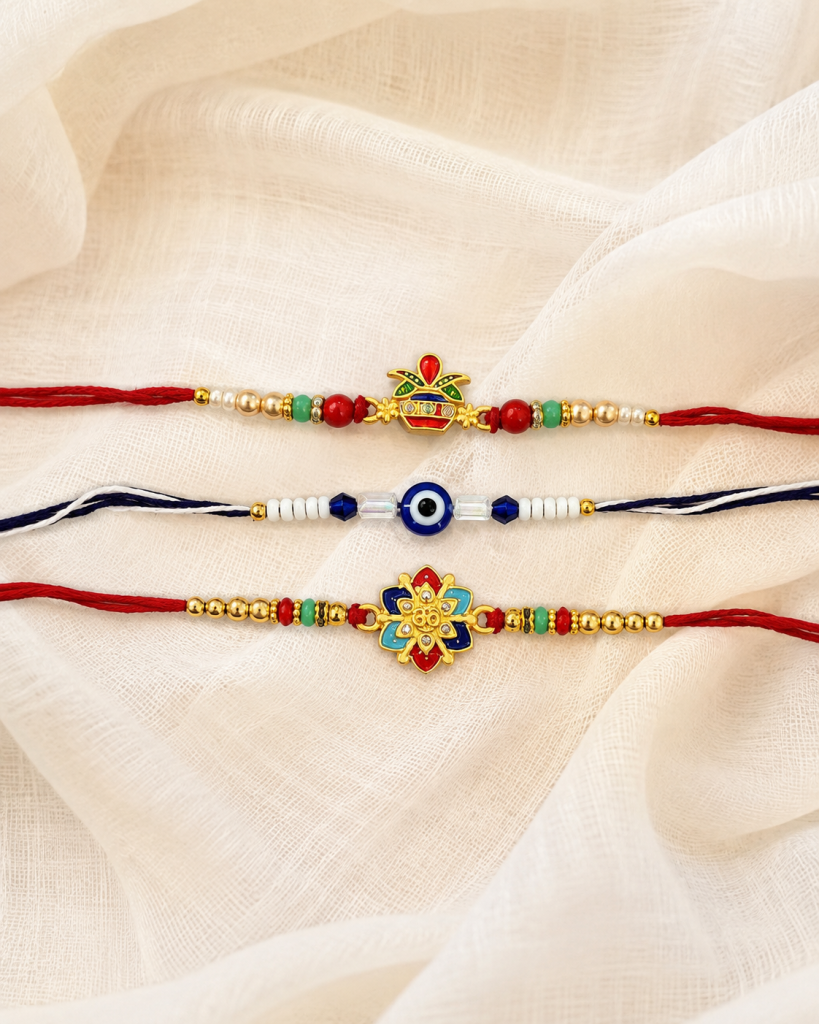 DivoRama Set of 3 Kalash Rakhi for Brother | Auspicious Kalash, Evil Eye & Floral AD Stone Rakhi | Traditional Designer Rakhi for Bhaiya Bhai | Raksha Bandhan 2026 Thread Rakhi