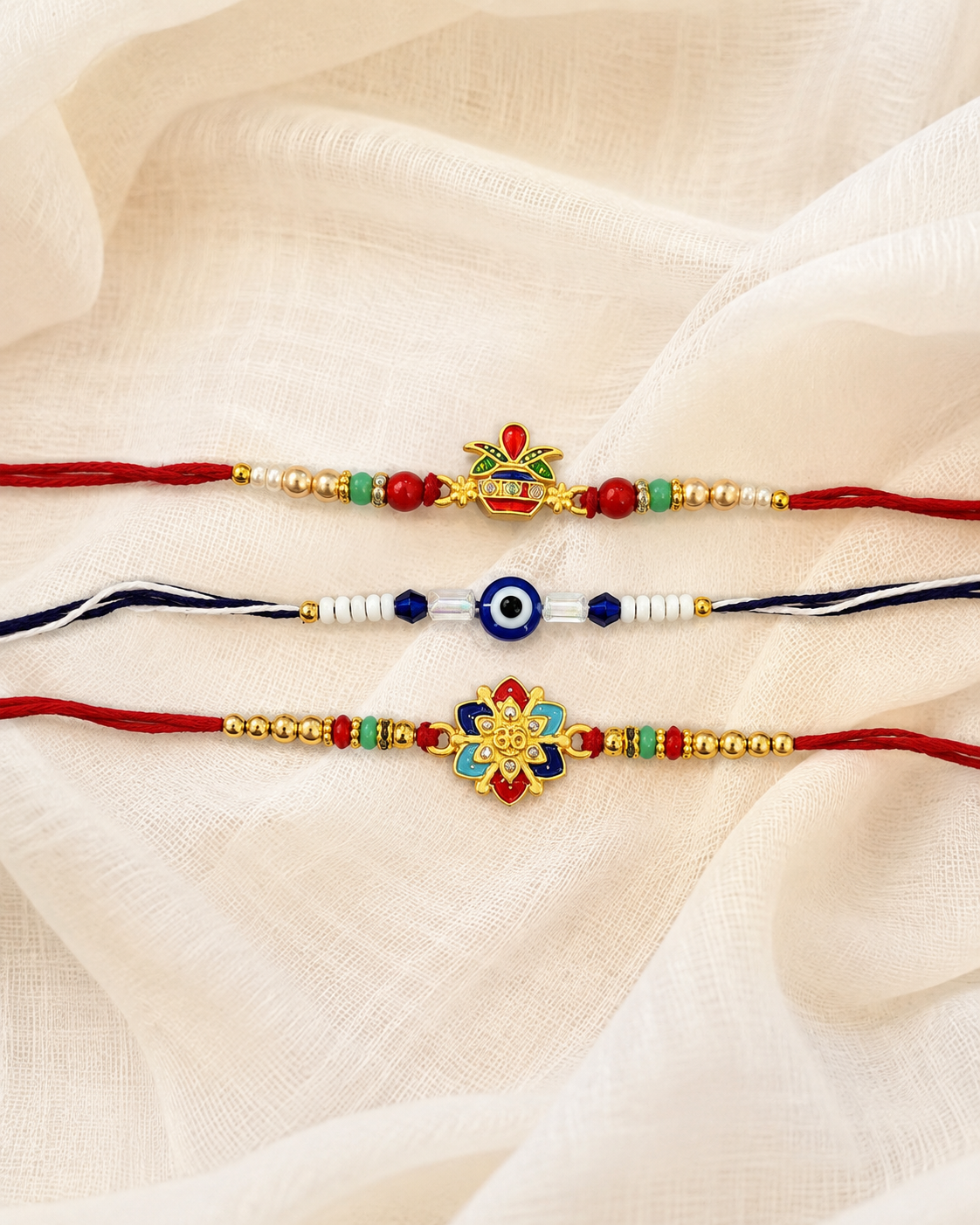 DivoRama Set of 3 Rakhis for Brother | Auspicious Kalash, Evil Eye & Floral Om Rakhi | Traditional Designer Rakhi for Bhaiya Bhai | Raksha Bandhan 2026 Thread Rakhi