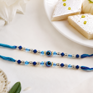DivoRama Set of 2 Evil Eye Rakhi for Brother | Delicate Blue Nazariya Bead Rakhi with Silver Accents | Designer Nazar Rakhi for Bhaiya Bhai | Raksha Bandhan 2026 Thread Rakhi