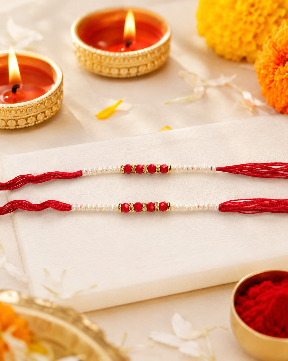 DivoRama Set of 2 Pearl Rakhi for Brother | Elegant Moti & Red Crystal Thread Rakhi | Traditional Designer Rakhi for Bhaiya Bhai | Raksha Bandhan 2026 Thread Rakhi Combo