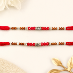 DivoRama Set of 2 Sandalwood Bead Rakhi for Brother | Red Crystal & Wood Bead Rakhi with Silver Flower | Traditional Designer Rakhi for Bhaiya Bhai | Raksha Bandhan 2026 Thread Rakhi