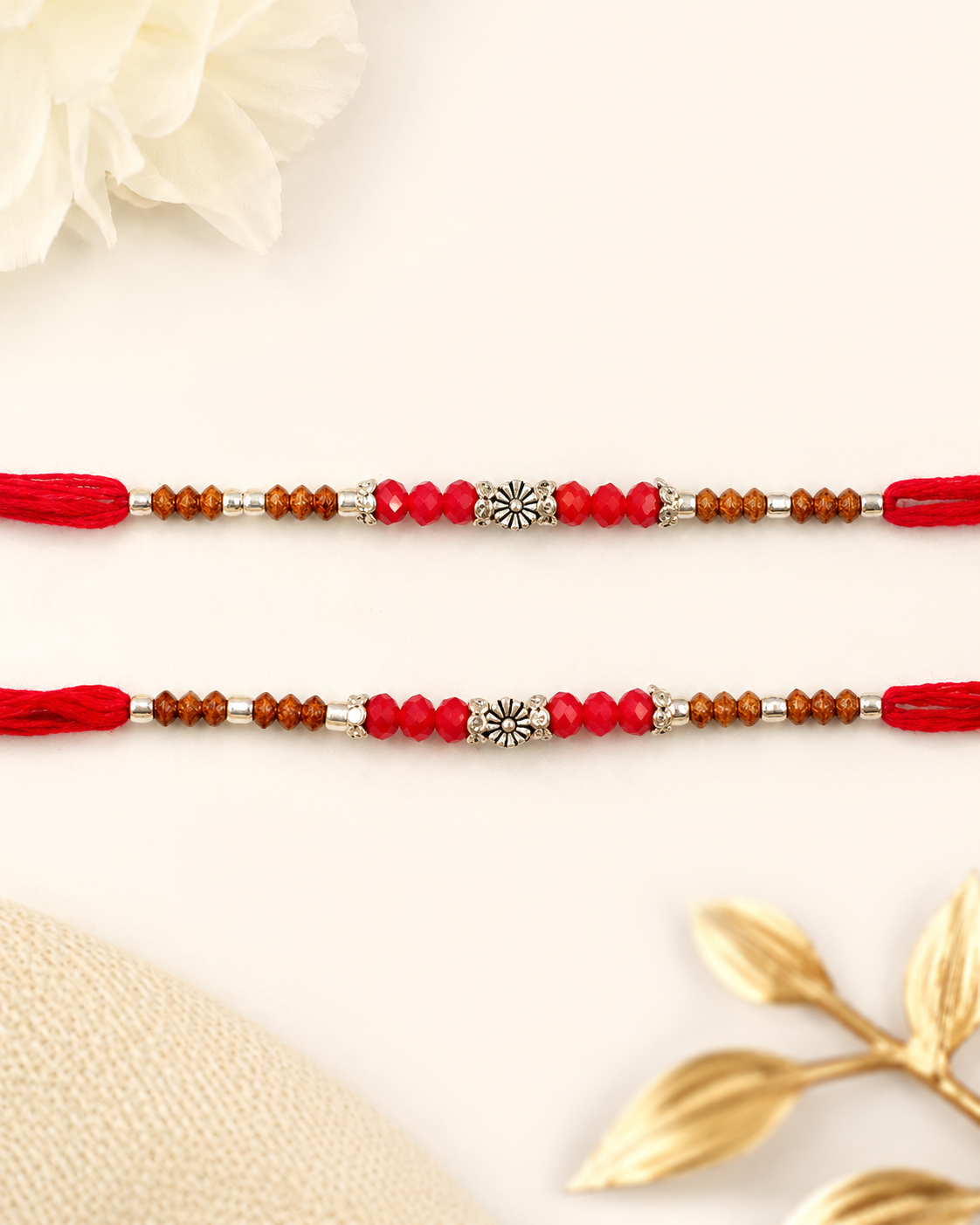 DivoRama Set of 2 Sandalwood Bead Rakhi for Brother | Red Crystal & Wood Bead Rakhi with Silver Flower | Traditional Designer Rakhi for Bhaiya Bhai | Raksha Bandhan 2026 Thread Rakhi