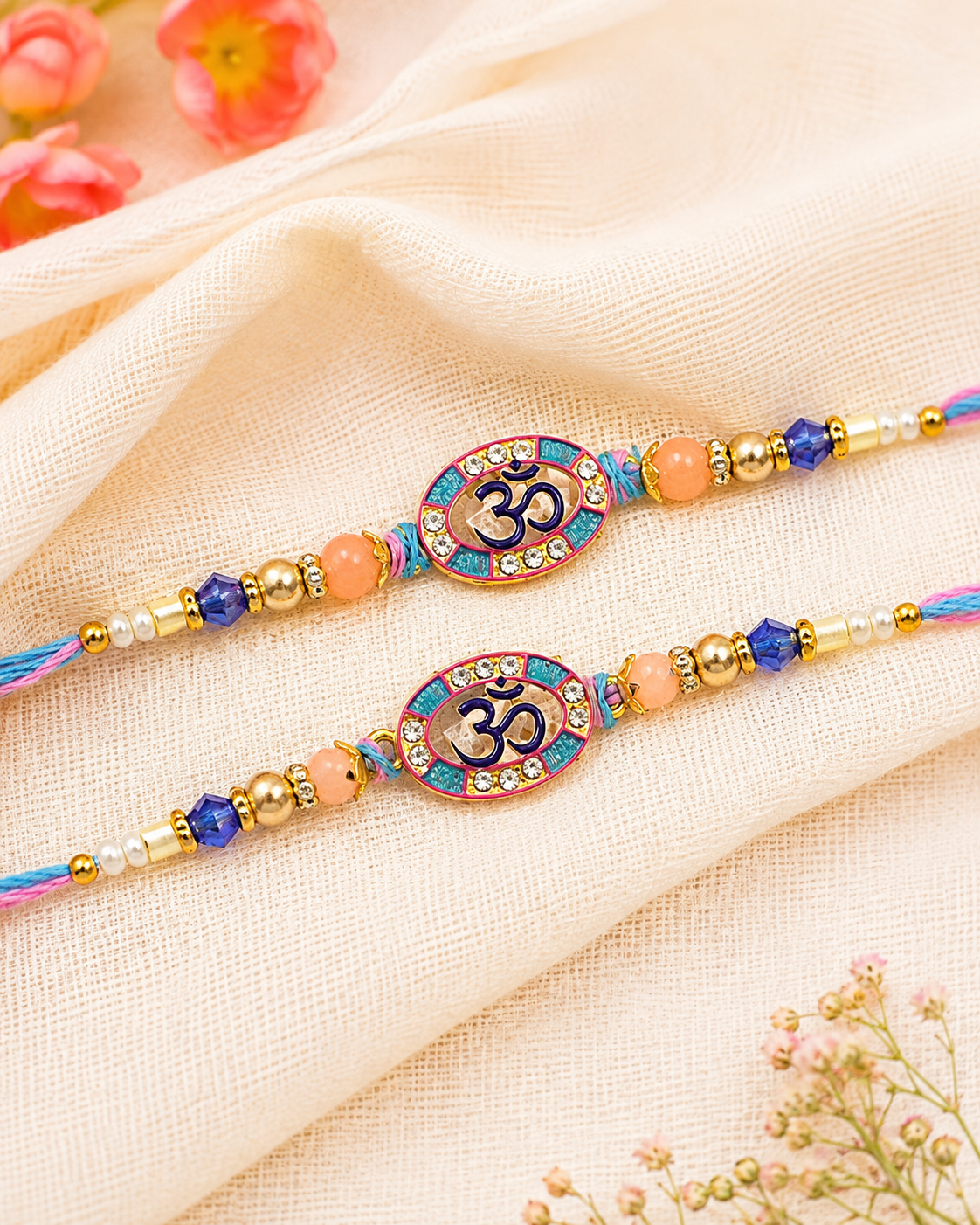 DivoRama Set of 2 Om Rakhi for Brother | Oval Meenakari Om Rakhi with Coral & Pearl Beads | Spiritual Designer Rakhi for Bhaiya Bhai | Raksha Bandhan 2026 Thread Rakhi Combo