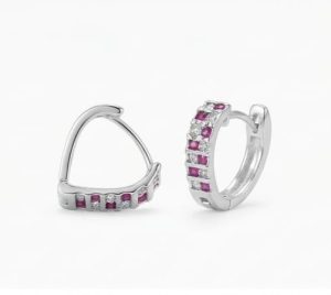 AGOR 925 Sterling Silver Pink & White Stone Huggie Hoop Earrings, High-Polish Rhodium Finish Jewellery