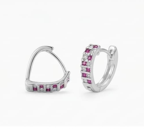 AGOR 925 Sterling Silver Pink & White Stone Huggie Hoop Earrings, High-Polish Rhodium Finish Jewellery