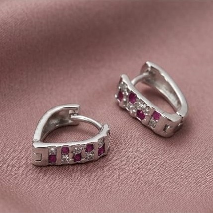 AGOR 925 Sterling Silver Pink & White Stone Huggie Hoop Earrings, High-Polish Rhodium Finish Jewellery