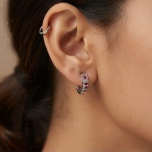 AGOR 925 Sterling Silver Pink & White Stone Huggie Hoop Earrings, High-Polish Rhodium Finish Jewellery