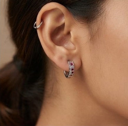 AGOR 925 Sterling Silver Pink & White Stone Huggie Hoop Earrings, High-Polish Rhodium Finish Jewellery
