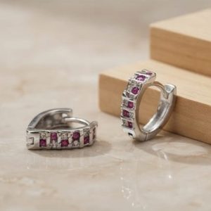 AGOR 925 Sterling Silver Pink & White Stone Huggie Hoop Earrings, High-Polish Rhodium Finish Jewellery