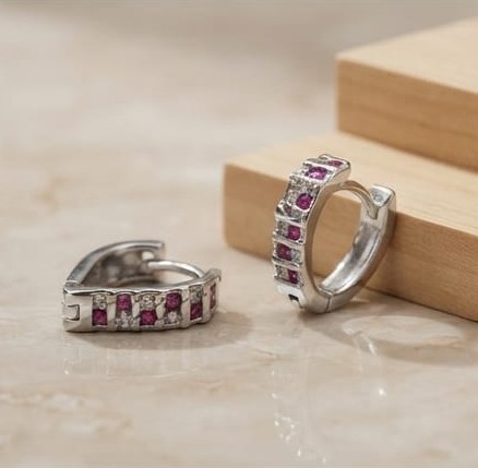 AGOR 925 Sterling Silver Pink & White Stone Huggie Hoop Earrings, High-Polish Rhodium Finish Jewellery