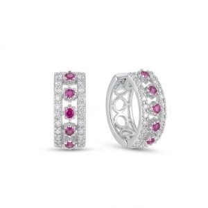 AGOR 925 Sterling Silver Pink Stone Wide Huggie Hoop Earrings, High Polish Rhodium Finish Jewellery