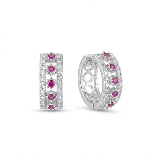 AGOR 925 Sterling Silver Pink Stone Wide Huggie Hoop Earrings, High Polish Rhodium Finish Jewellery
