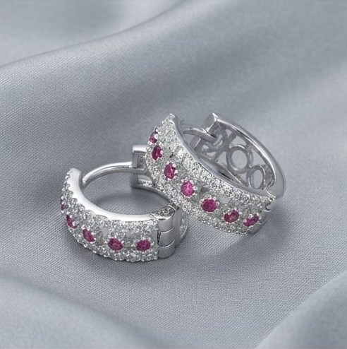 AGOR 925 Sterling Silver Pink Stone Wide Huggie Hoop Earrings, High Polish Rhodium Finish Jewellery