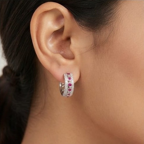 AGOR 925 Sterling Silver Pink Stone Wide Huggie Hoop Earrings, High Polish Rhodium Finish Jewellery