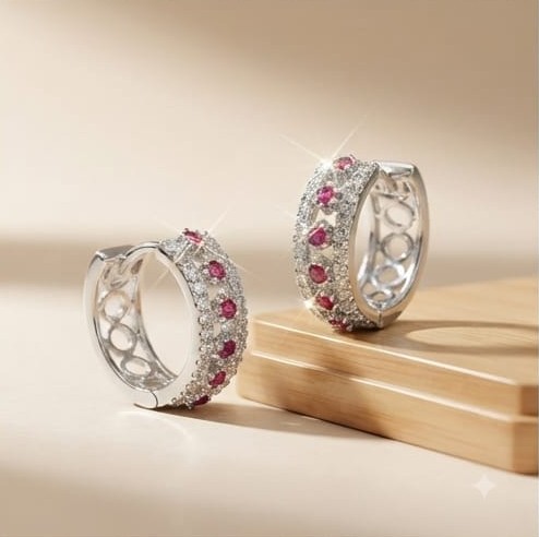 AGOR 925 Sterling Silver Pink Stone Wide Huggie Hoop Earrings, High Polish Rhodium Finish Jewellery