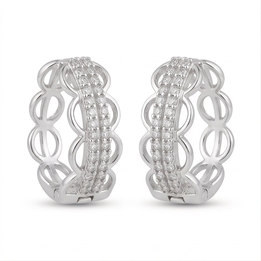 AGOR 925 Sterling Silver High Polish Rhodium Finish Openwork Stone-Set Hoop Earrings Jewellery