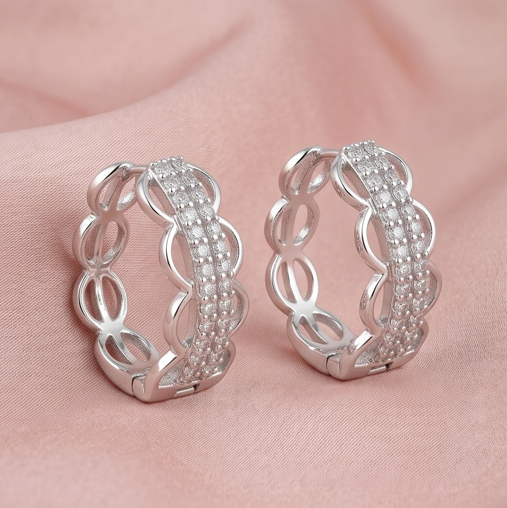 AGOR 925 Sterling Silver High Polish Rhodium Finish Openwork Stone-Set Hoop Earrings Jewellery