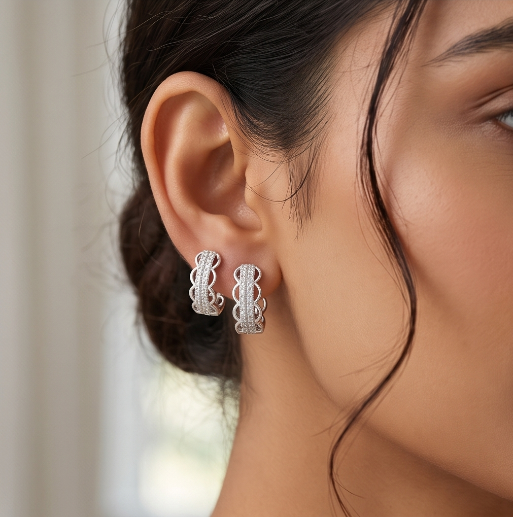 AGOR 925 Sterling Silver High Polish Rhodium Finish Openwork Stone-Set Hoop Earrings Jewellery