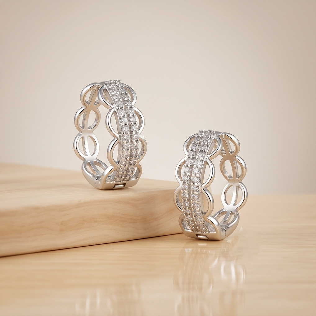 AGOR 925 Sterling Silver High Polish Rhodium Finish Openwork Stone-Set Hoop Earrings Jewellery