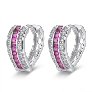 AGOR 925 Sterling Silver Pink Baguette Stone Huggie Hoop Earrings, High-Polish Rhodium Finish Jewellery
