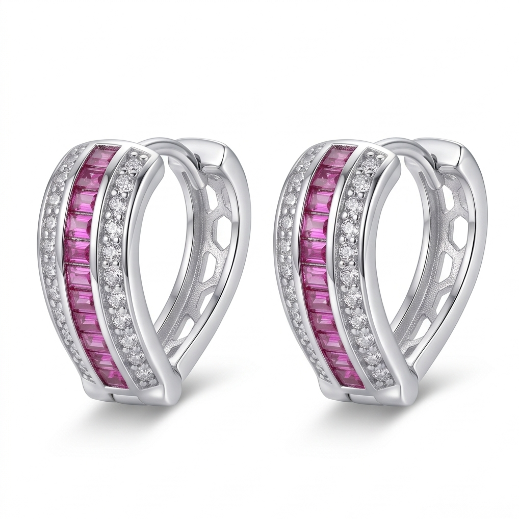 AGOR 925 Sterling Silver Pink Baguette Stone Huggie Hoop Earrings, High-Polish Rhodium Finish Jewellery