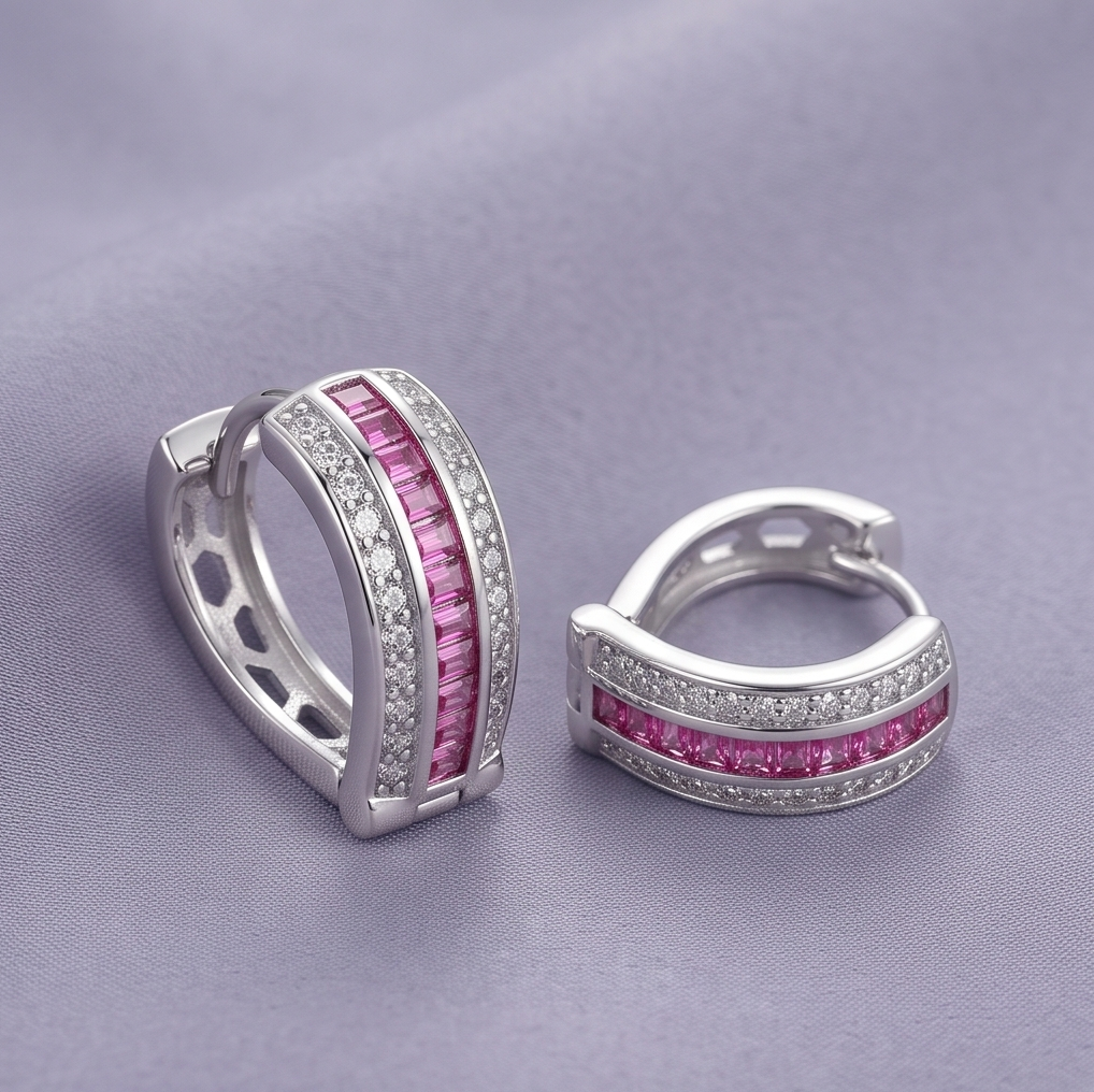 AGOR 925 Sterling Silver Pink Baguette Stone Huggie Hoop Earrings, High-Polish Rhodium Finish Jewellery