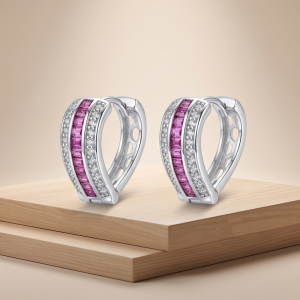 AGOR 925 Sterling Silver Pink Baguette Stone Huggie Hoop Earrings, High-Polish Rhodium Finish Jewellery