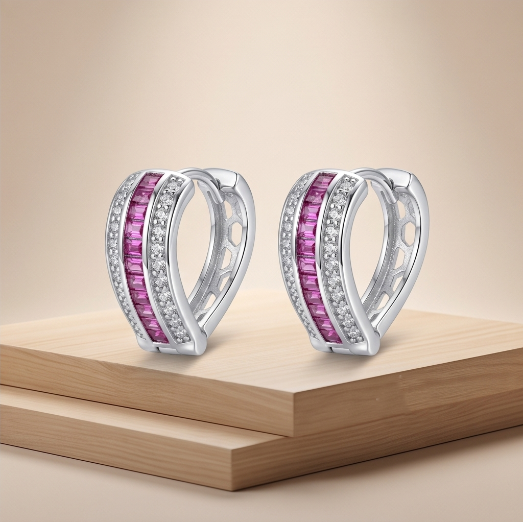 AGOR 925 Sterling Silver Pink Baguette Stone Huggie Hoop Earrings, High-Polish Rhodium Finish Jewellery