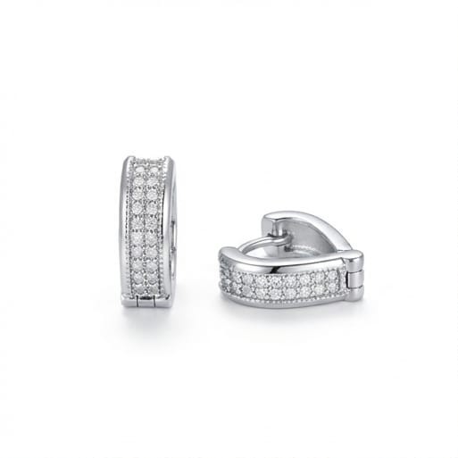 AGOR 925 Sterling Silver Double-Row Pavé Huggie Hoop Earrings, High Polish Rhodium Finish Jewellery