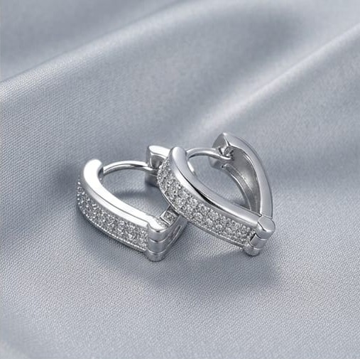 AGOR 925 Sterling Silver Double-Row Pavé Huggie Hoop Earrings, High Polish Rhodium Finish Jewellery