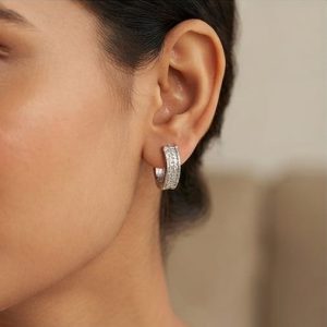 AGOR 925 Sterling Silver Double-Row Pavé Huggie Hoop Earrings, High Polish Rhodium Finish Jewellery