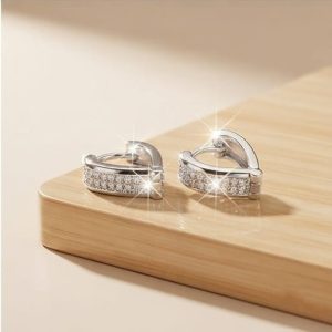 AGOR 925 Sterling Silver Double-Row Pavé Huggie Hoop Earrings, High Polish Rhodium Finish Jewellery