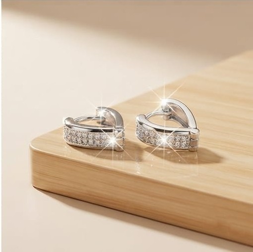 AGOR 925 Sterling Silver Double-Row Pavé Huggie Hoop Earrings, High Polish Rhodium Finish Jewellery