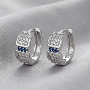 AGOR 925 Sterling Silver Blue Accent Geometric Huggie Hoop Earrings, High-Polish Rhodium Finish Jewellery