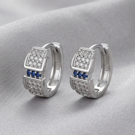 AGOR 925 Sterling Silver Blue Accent Geometric Huggie Hoop Earrings, High-Polish Rhodium Finish Jewellery
