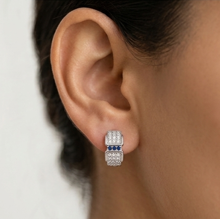 AGOR 925 Sterling Silver Blue Accent Geometric Huggie Hoop Earrings, High-Polish Rhodium Finish Jewellery
