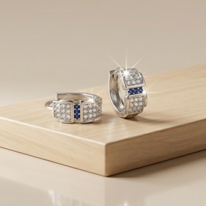 AGOR 925 Sterling Silver Blue Accent Geometric Huggie Hoop Earrings, High-Polish Rhodium Finish Jewellery