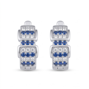 AGOR 925 Sterling Silver High Polish Rhodium Finish Blue & White Stone Geometric Hoop Earrings Jewellery