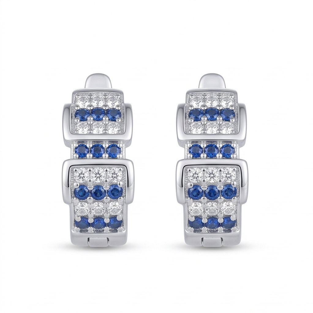 AGOR 925 Sterling Silver High Polish Rhodium Finish Blue & White Stone Geometric Hoop Earrings Jewellery