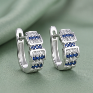 AGOR 925 Sterling Silver High Polish Rhodium Finish Blue & White Stone Geometric Hoop Earrings Jewellery