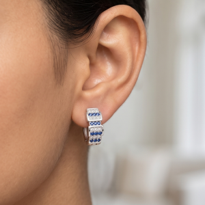 AGOR 925 Sterling Silver High Polish Rhodium Finish Blue & White Stone Geometric Hoop Earrings Jewellery