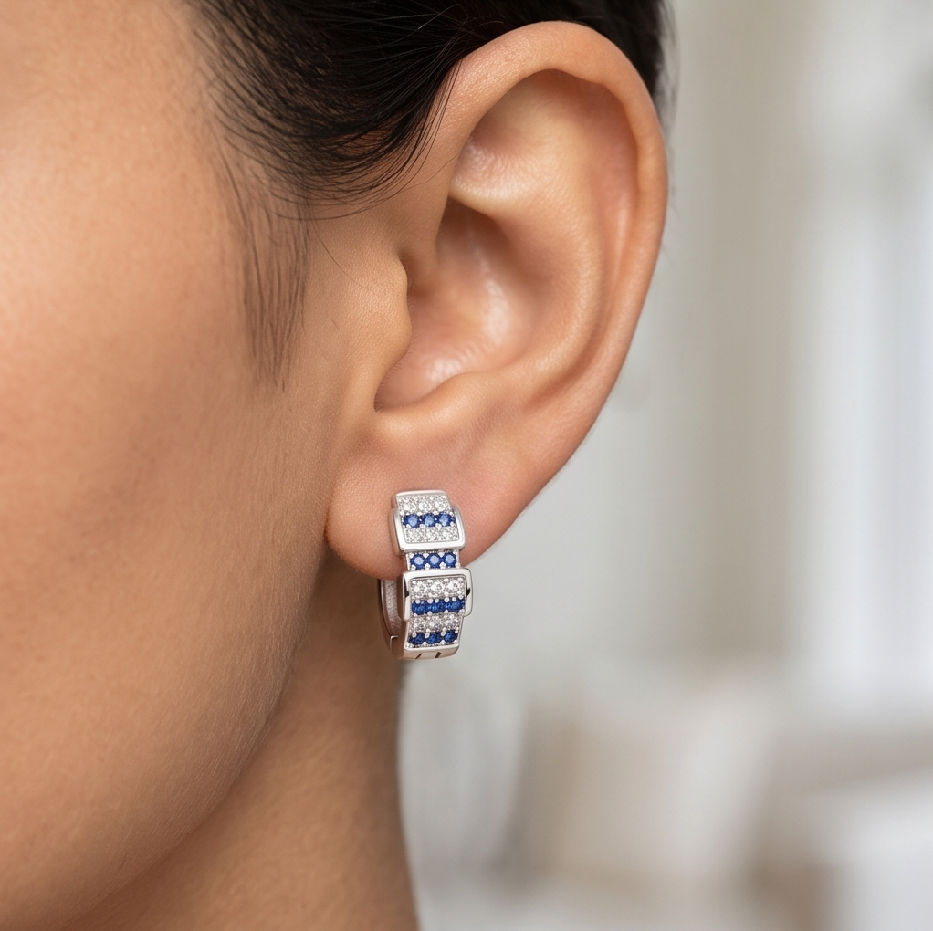 AGOR 925 Sterling Silver High Polish Rhodium Finish Blue & White Stone Geometric Hoop Earrings Jewellery