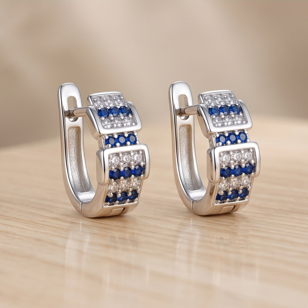 AGOR 925 Sterling Silver High Polish Rhodium Finish Blue & White Stone Geometric Hoop Earrings Jewellery
